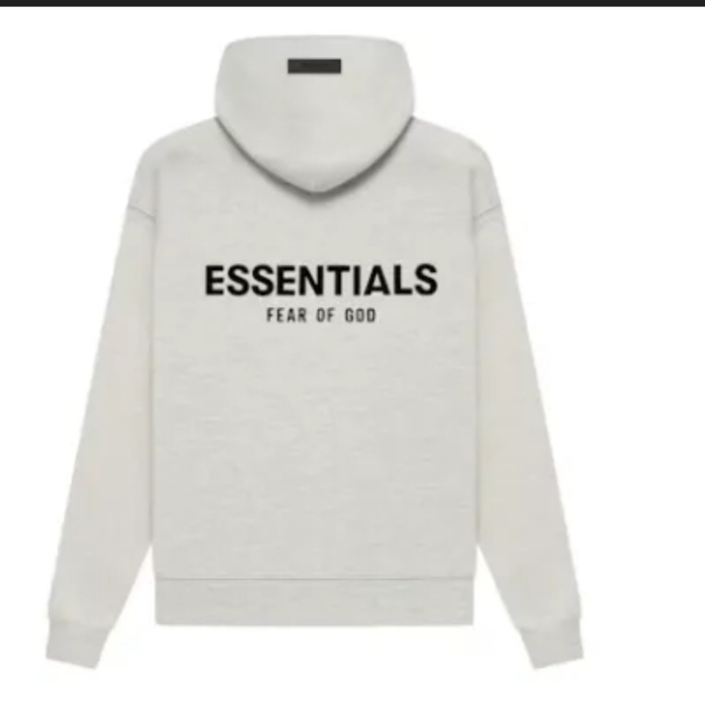 Brand new Fear of God Essentials Light Gray Hoodie with Black Logo.